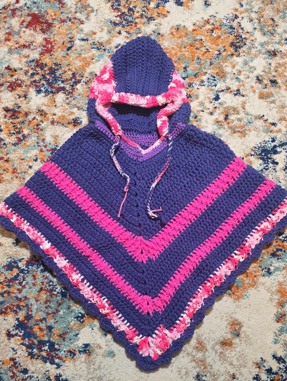 Handmade Crochet Hooded Poncho Toddler Kids Purple Pink Striped V-Neck Cape S